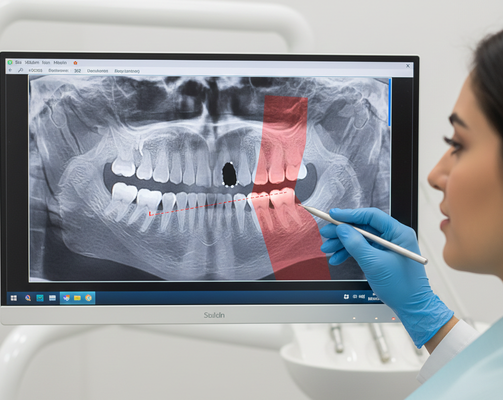 A dental specialist at Al Salam Health using advanced 3D digital imaging to evaluate bone height and sinus cavity position for a dental implant consultation