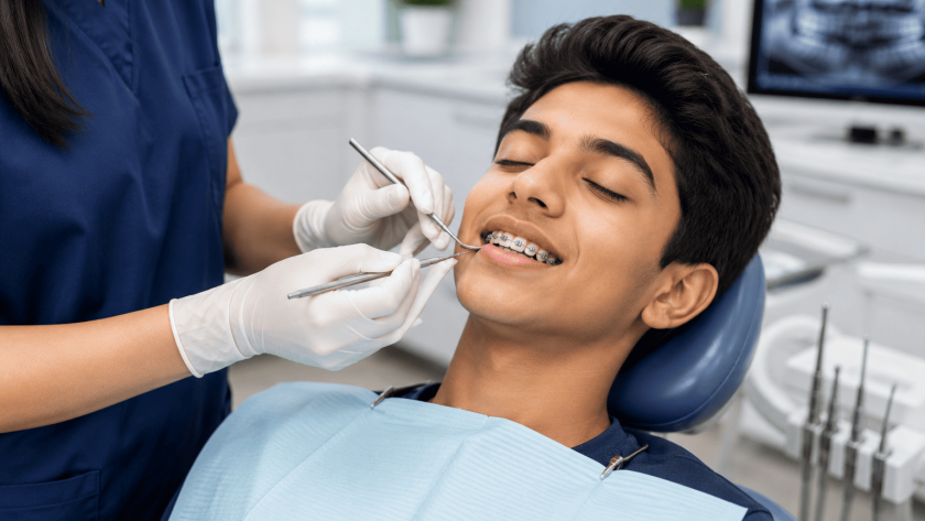 Male patient undergoing orthodontic treatment with braces for severe crowding and displaced canines