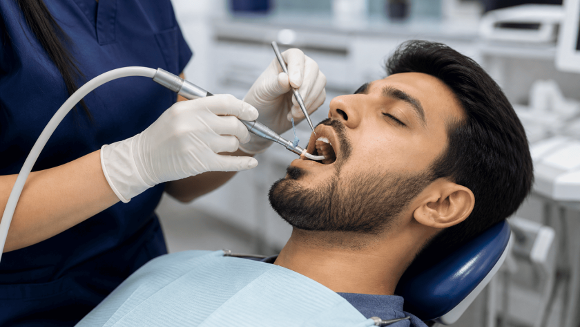 Male patient undergoing root canal treatment of a lower molar with radix entomolaris by a dentist in a clinical setting