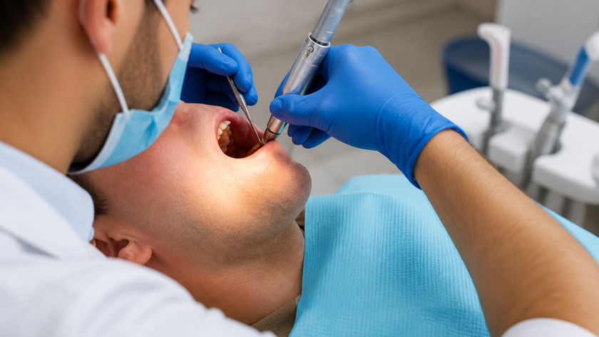 Dentist performing surgical removal of traumatic fibroma in the upper palate using dental instruments in a clinical setting